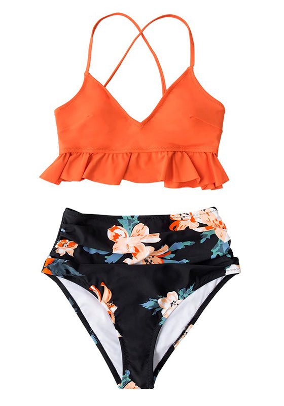 Orange and Floral High-Waist Bikini Set