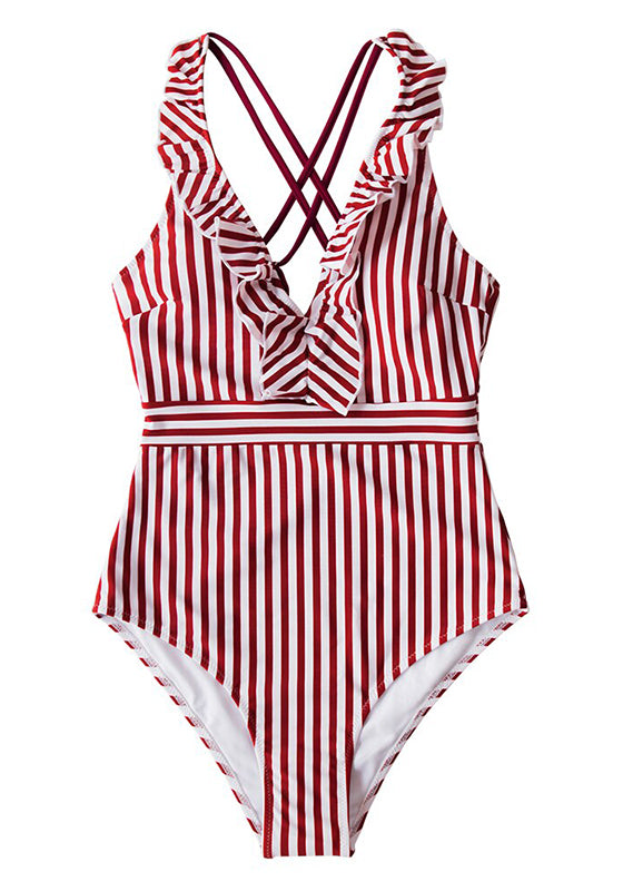 Green White Striped Ruffled One-Piece