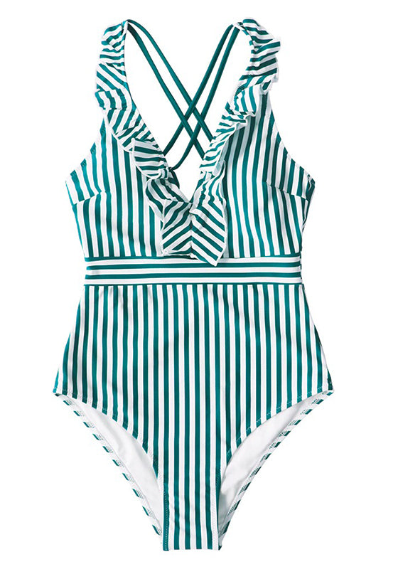 Green White Striped Ruffled One-Piece