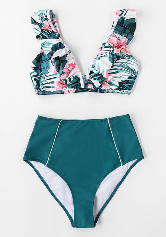 Red Stripe Ruffled High-Waist Bikini Set