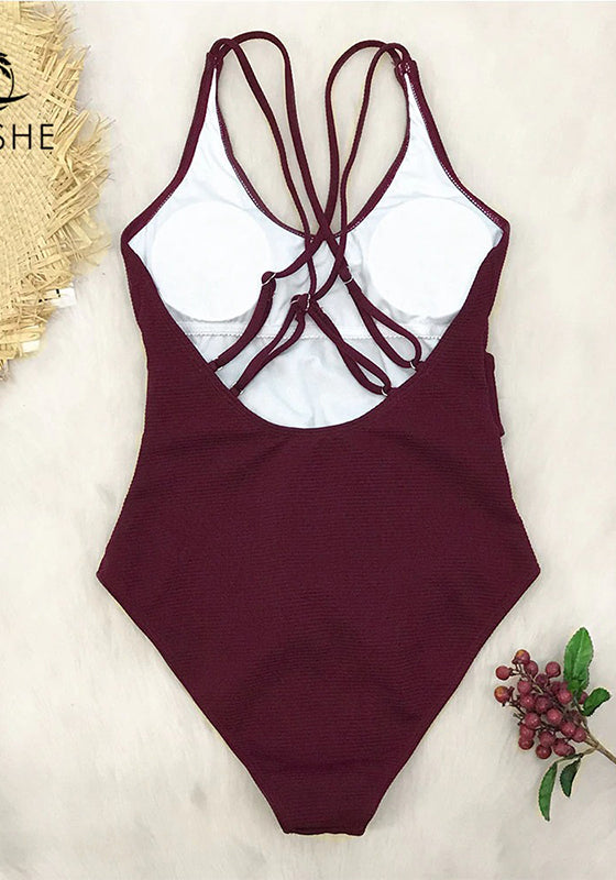 Burgundy Bowknot One-Piece Swimsuit