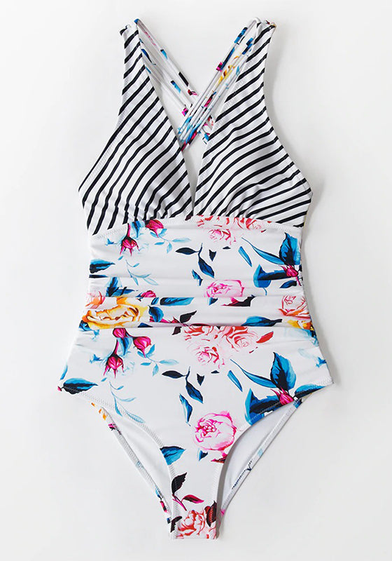 Stripe and Floral V-neck One-Piece