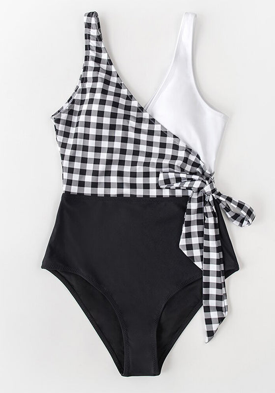 Black White Plaid Colorblock One-Piece