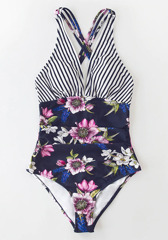 Stripe and Floral V-neck One-Piece