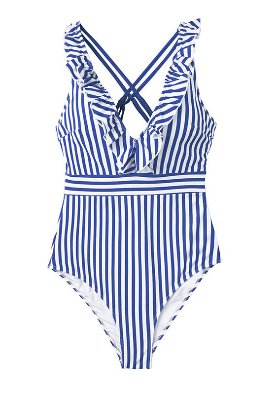 Green White Striped Ruffled One-Piece