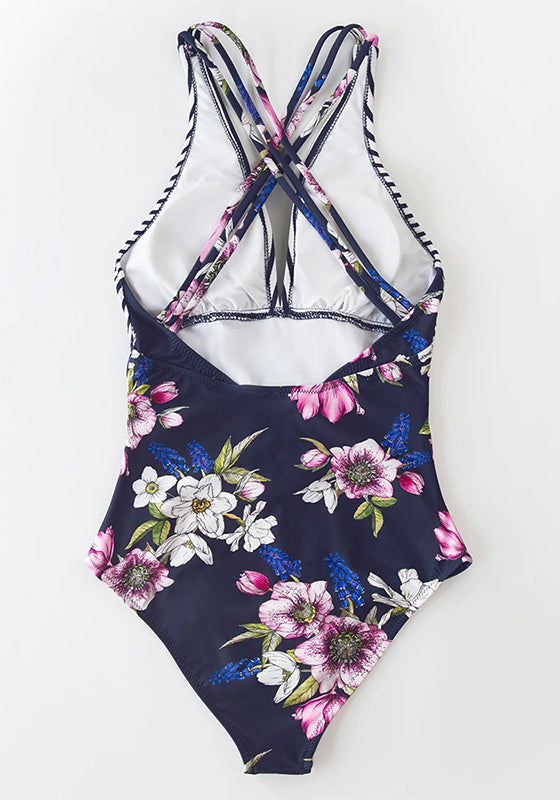 Stripe and Floral V-neck One-Piece