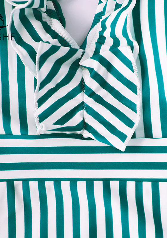 Green White Striped Ruffled One-Piece