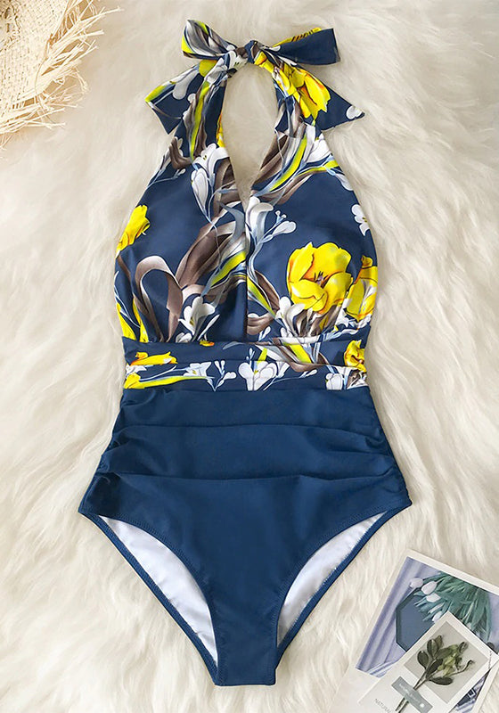 Navy Floral Deep V-neck Halter One-Piece