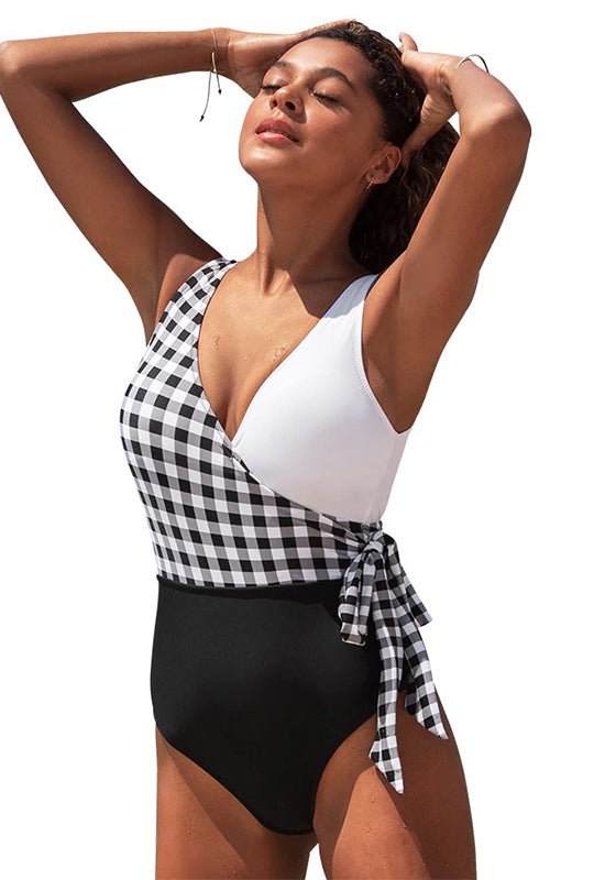 Black White Plaid Colorblock One-Piece