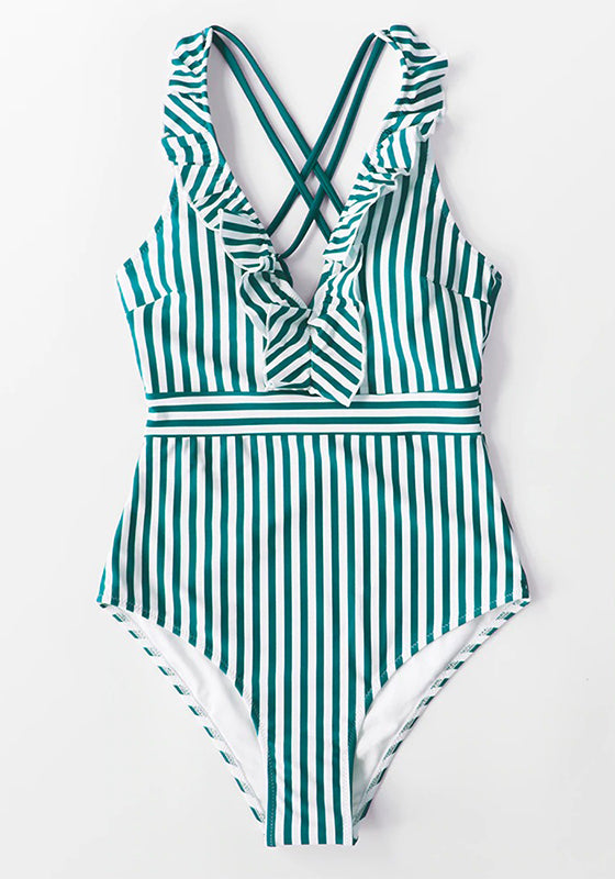 Green White Striped Ruffled One-Piece