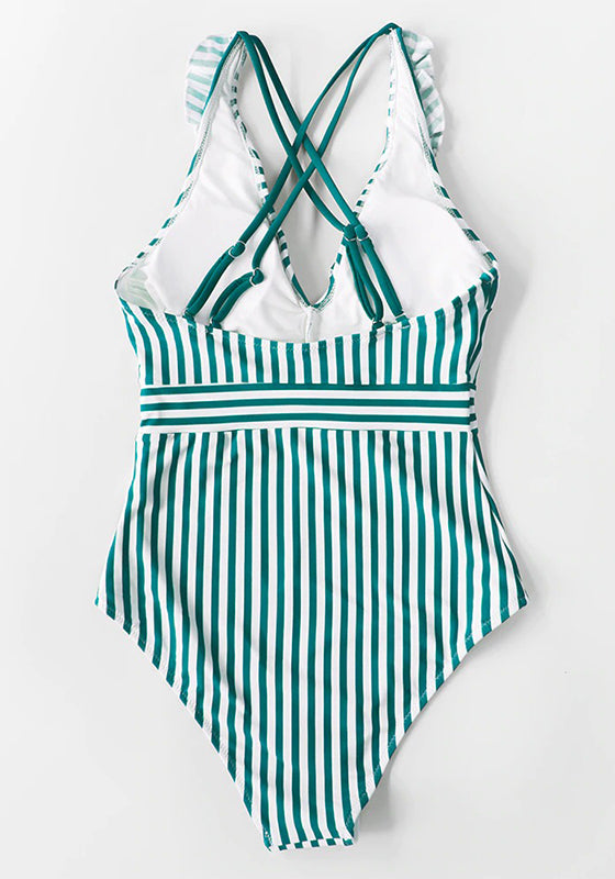 Green White Striped Ruffled One-Piece