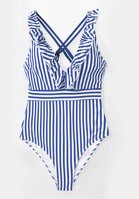 Green White Striped Ruffled One-Piece