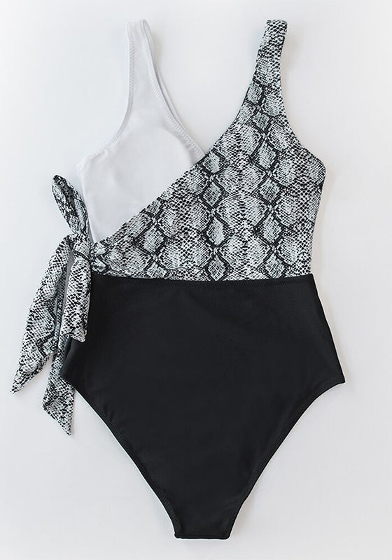 Black White Snake Print Patchwork One-Piece