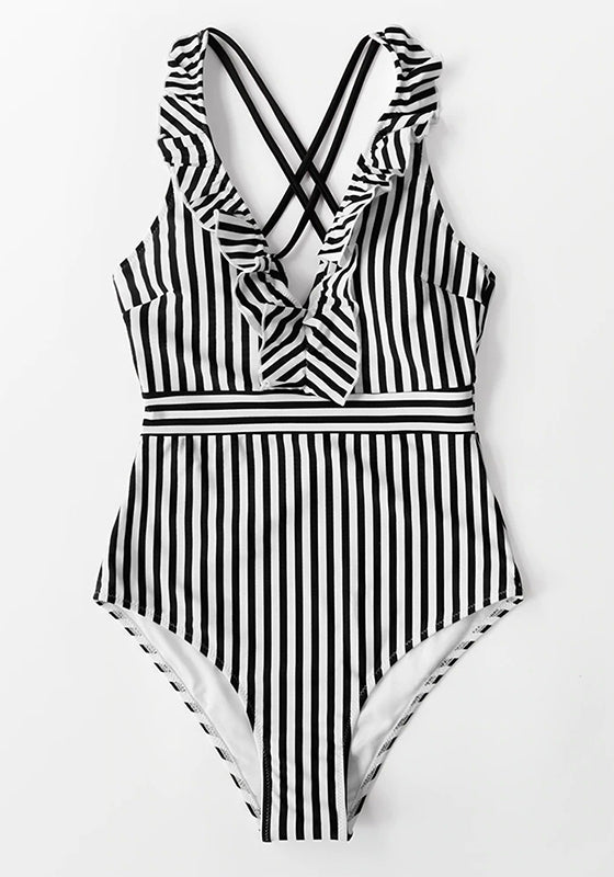 Green White Striped Ruffled One-Piece