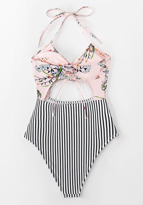 Pink Floral And Stripe Halter One-Piece