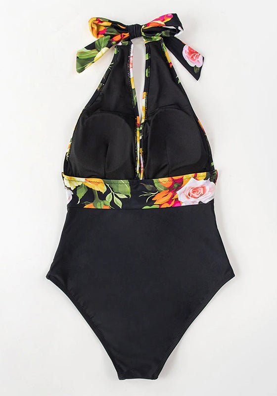 Navy Floral Deep V-neck Halter One-Piece