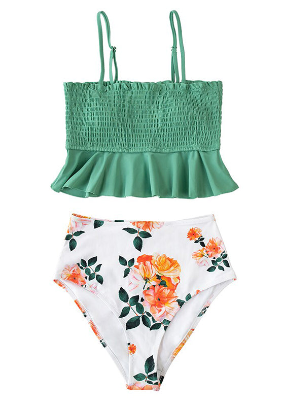 Green Floral High-Waist Bikini Set