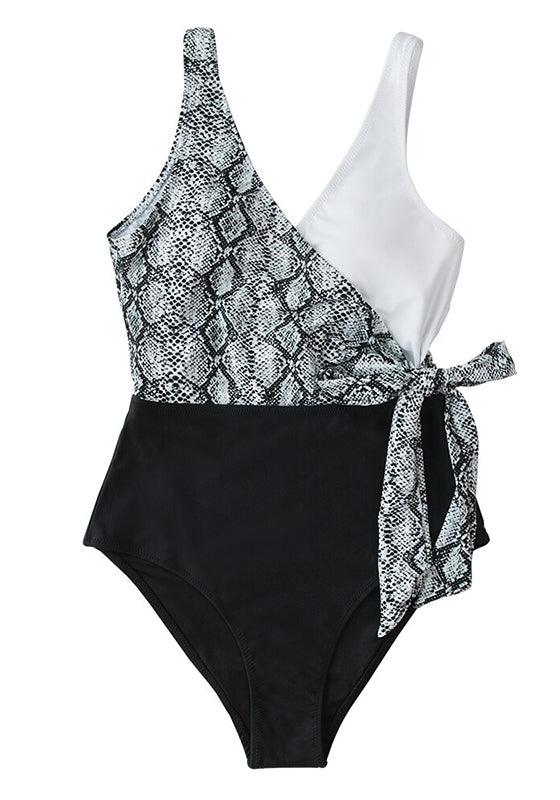 Black White Snake Print Patchwork One-Piece