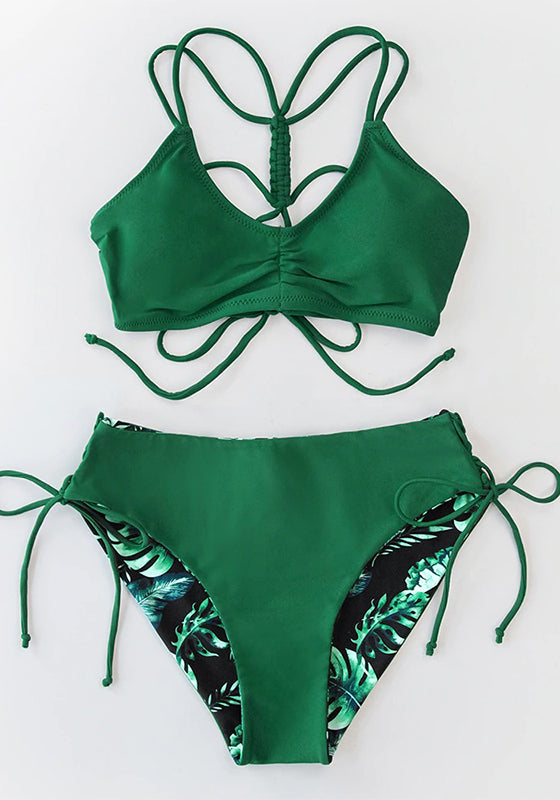 Green Leaf Lace Up Low-Waist Bikini Set