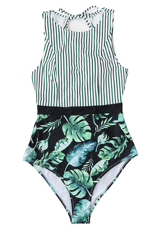 Stripe and Leaf Print Lace Up One-Piece