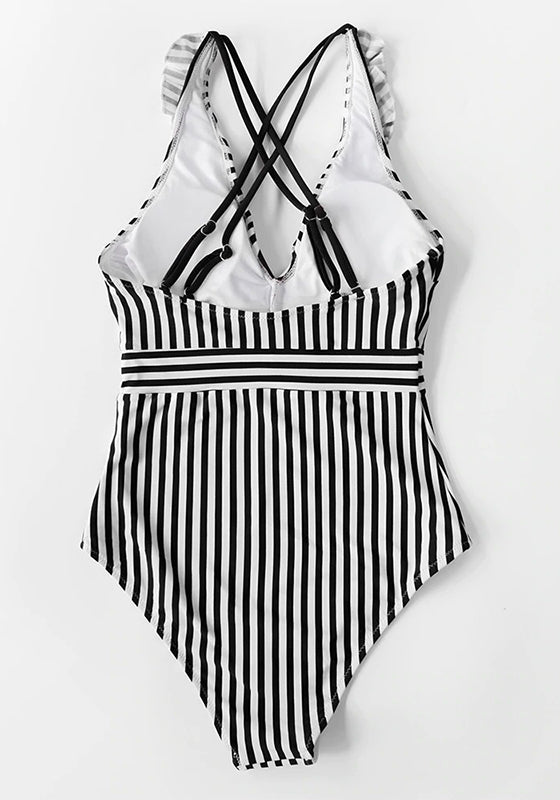 Green White Striped Ruffled One-Piece