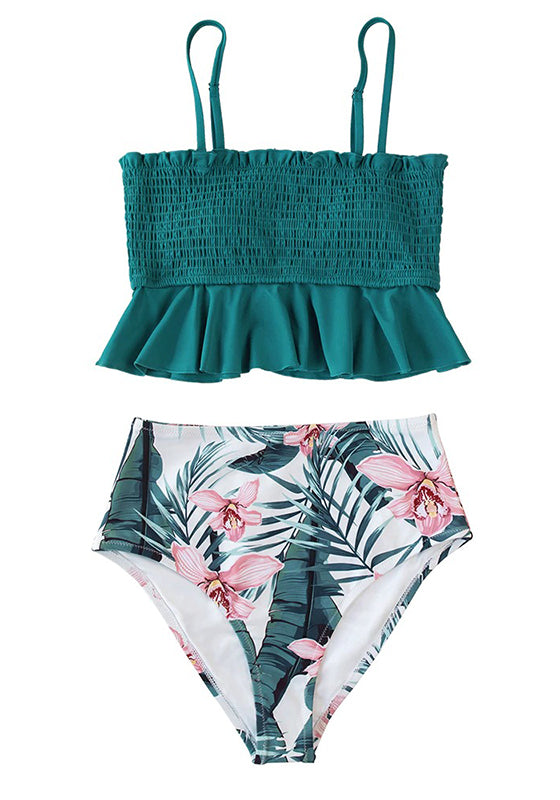 Green Floral High-Waist Bikini Set