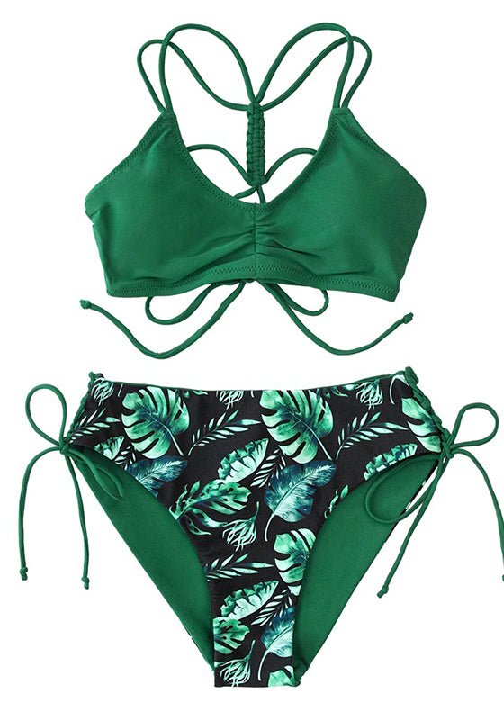 Green Leaf Lace Up Low-Waist Bikini Set