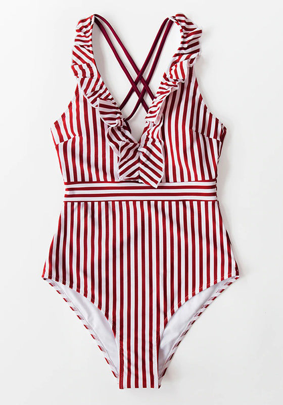 Green White Striped Ruffled One-Piece