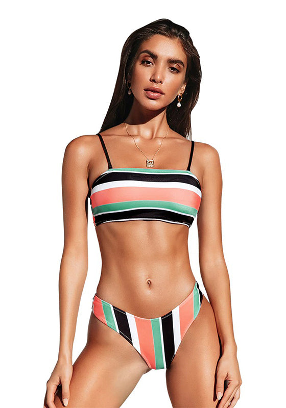 Colorful Striped Bandeau Tank High Leg Bikini Set