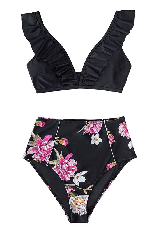 Black Floral Ruffled High-Waist Bikini Set