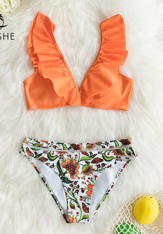 Orange Ruffle Bikini Set