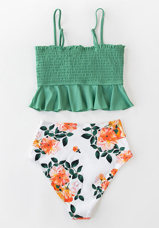 Green Floral High-Waist Bikini Set