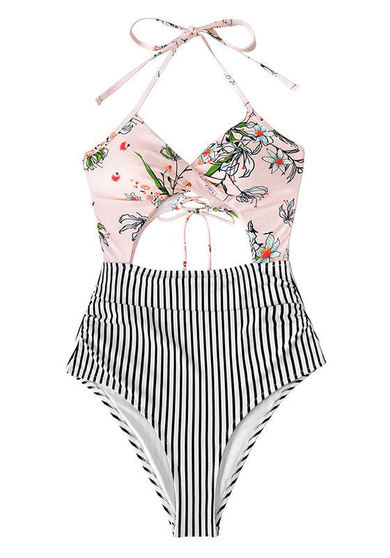 Pink Floral And Stripe Halter One-Piece