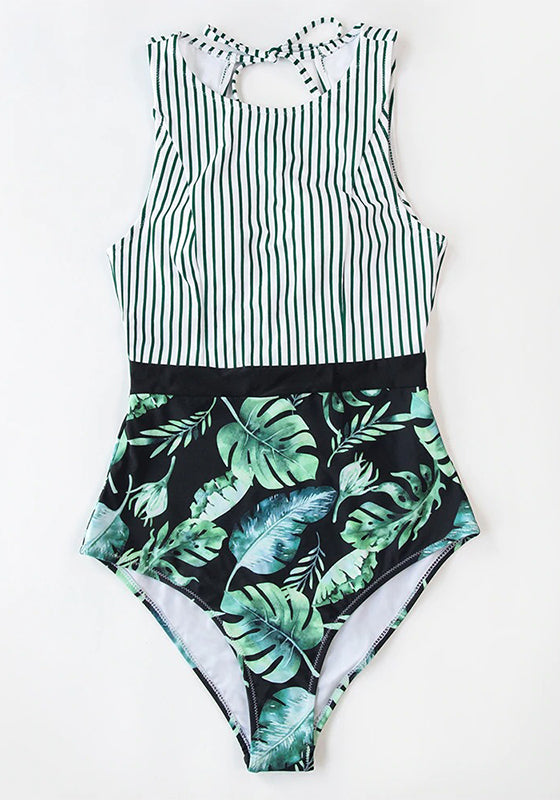 Stripe and Leaf Print Lace Up One-Piece