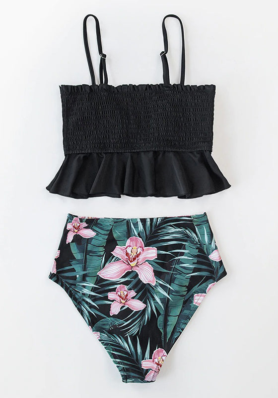 Green Floral High-Waist Bikini Set