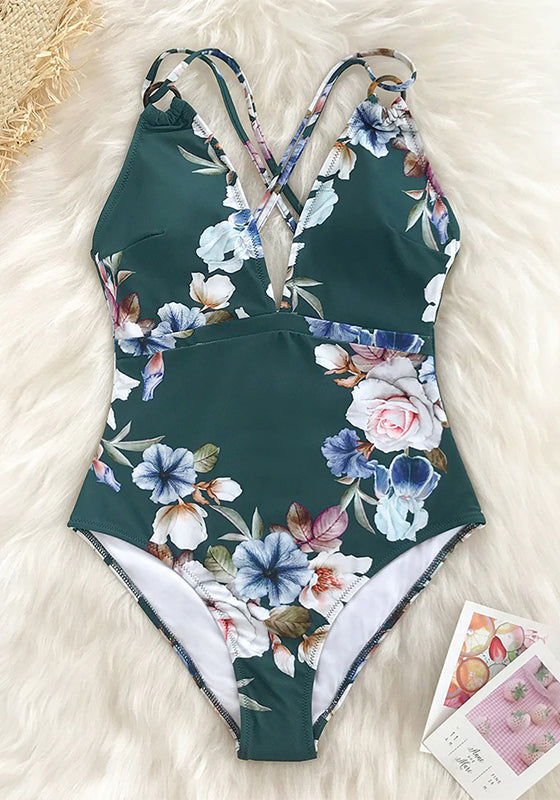 Green Floral print V-neck One-Piece