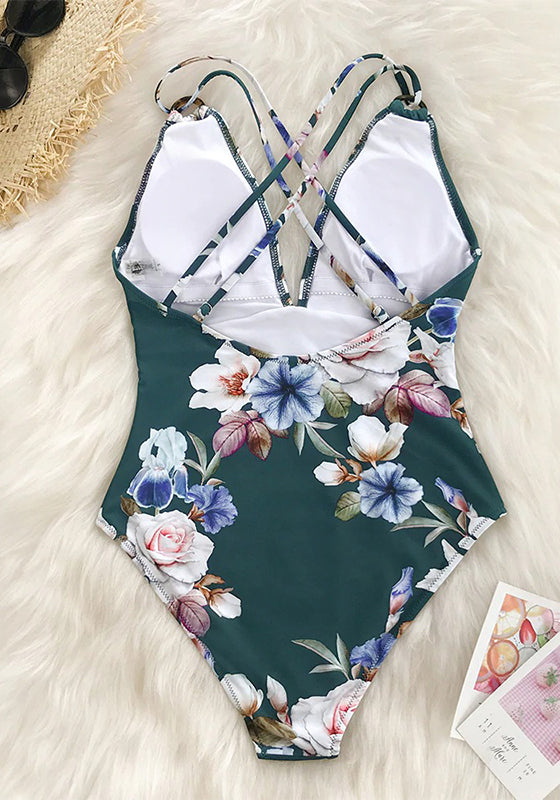 Green Floral print V-neck One-Piece