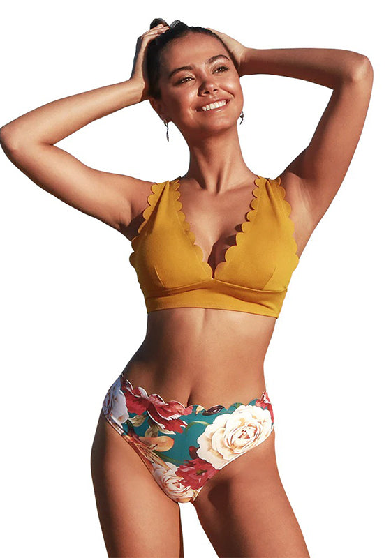 Yellow and Floral Scalloped Bikini Set