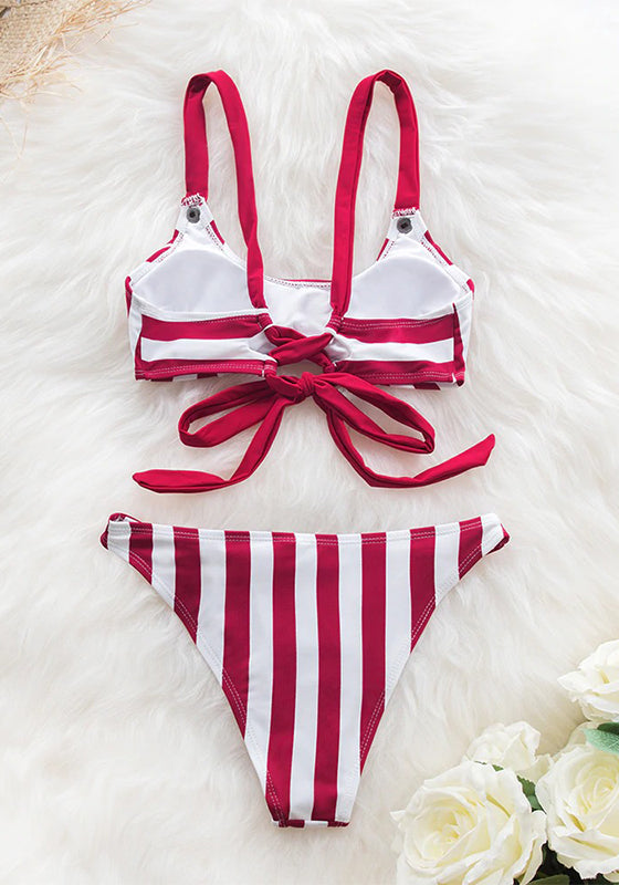 Red and White Stripe Low-Waisted Bikini Set