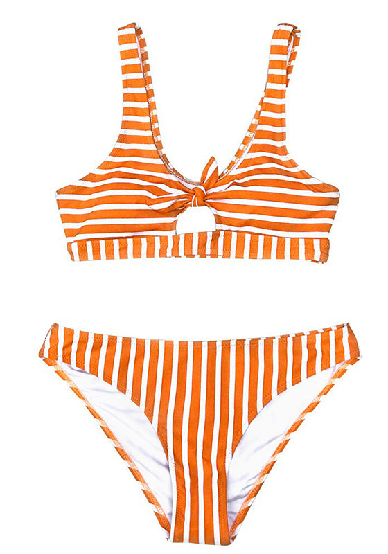 Orange And White Stripe Bowknot Bikini Set