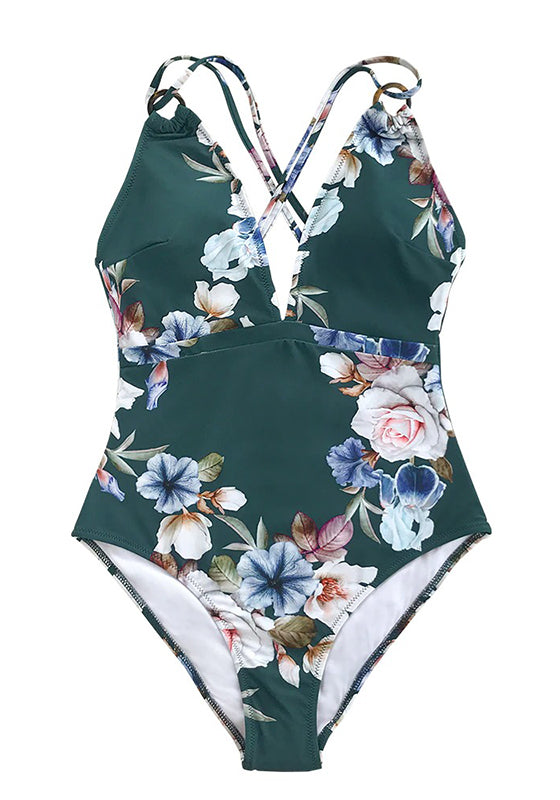 Green Floral print V-neck One-Piece