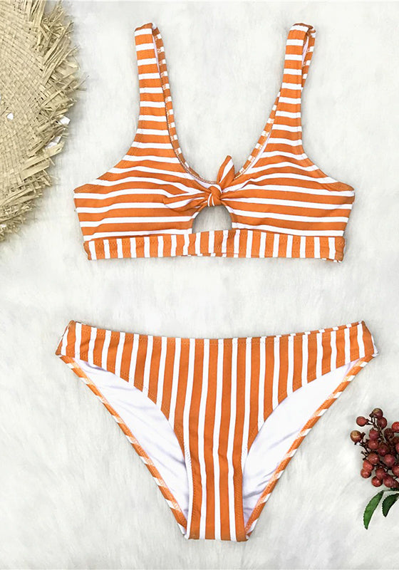 Orange And White Stripe Bowknot Bikini Set