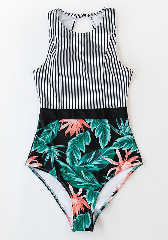 Stripe and Leaf Print Lace Up One-Piece