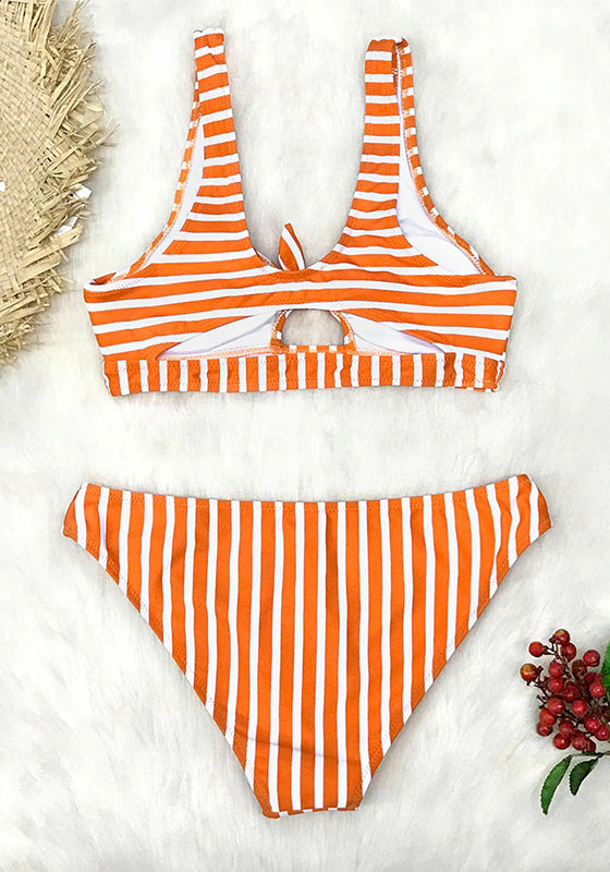 Orange And White Stripe Bowknot Bikini Set