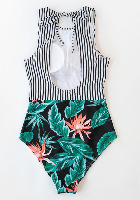 Stripe and Leaf Print Lace Up One-Piece