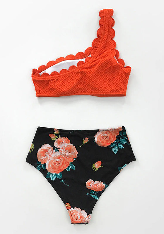 Red Scalloped One Shoulder High-waist Bikini Set