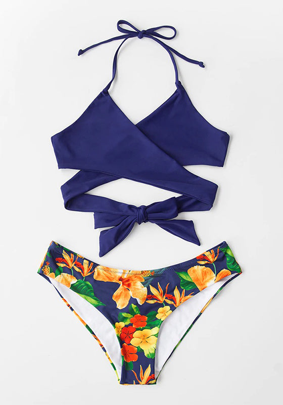 Navy Floral Halter Low-rise Bikini Set