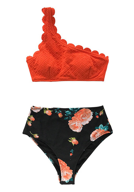 Red Scalloped One Shoulder High-waist Bikini Set