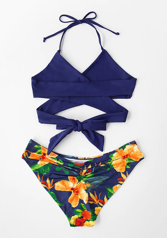 Navy Floral Halter Low-rise Bikini Set