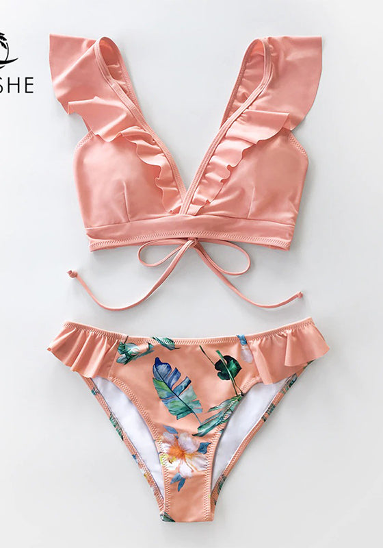 Tropical Pink Ruffle Bikini Set